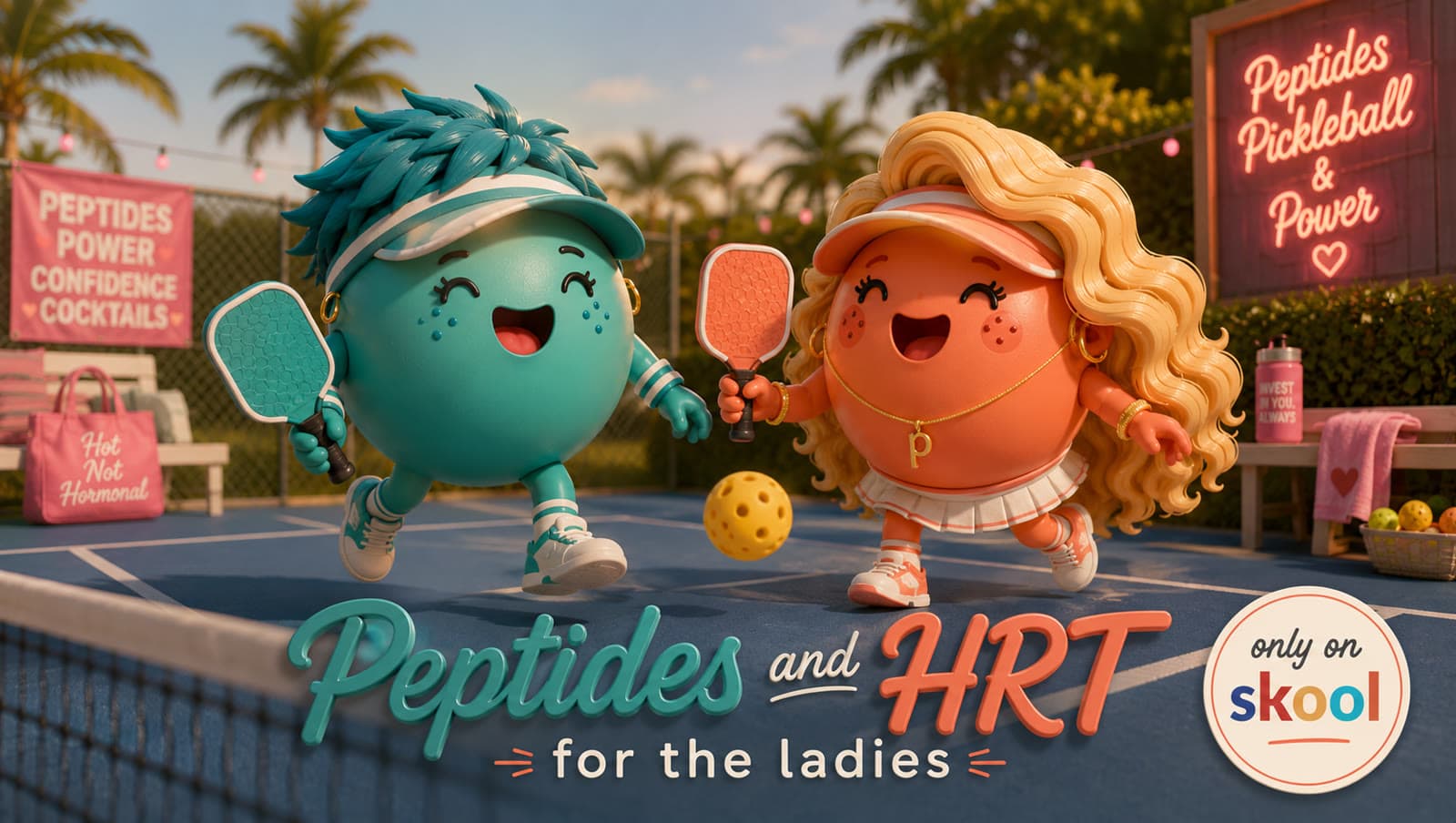Pep and Peri playing pickleball, Peptides and HRT for the ladies, only on Skool